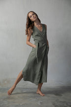 Safari Linen Wrap Midi Dress – Khaki by Aurelia Sun