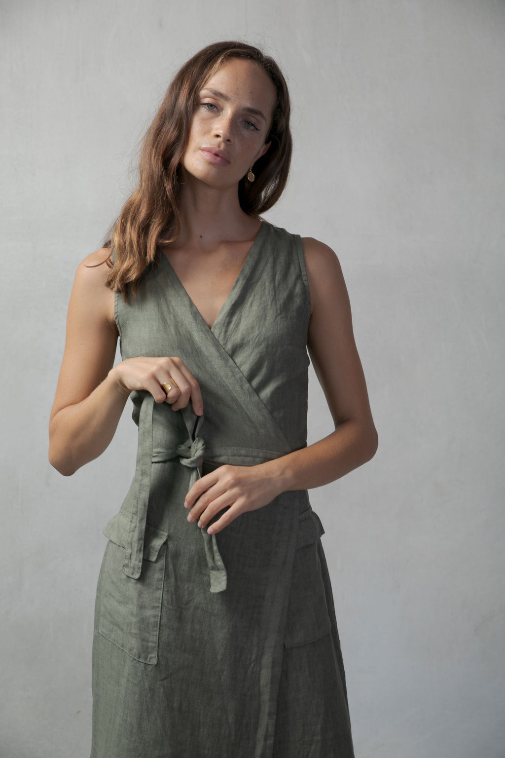 Safari Linen Wrap Midi Dress – Khaki by Aurelia Sun