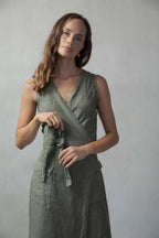 Safari Linen Wrap Midi Dress – Khaki by Aurelia Sun
