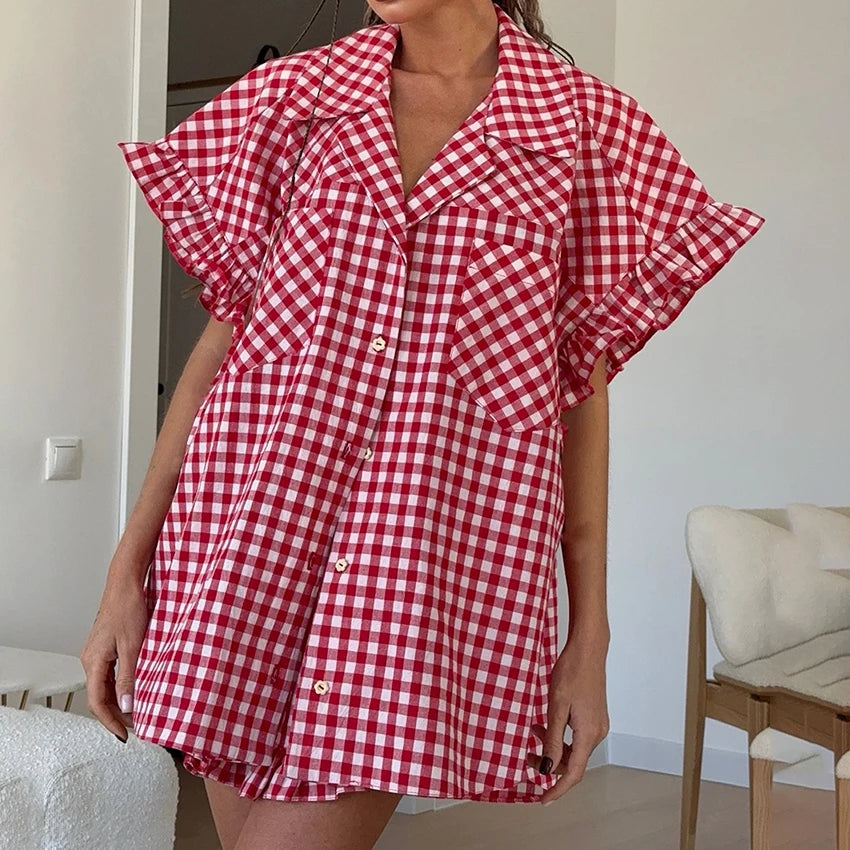 Plaid Shirt & High-Waist Shorts Set