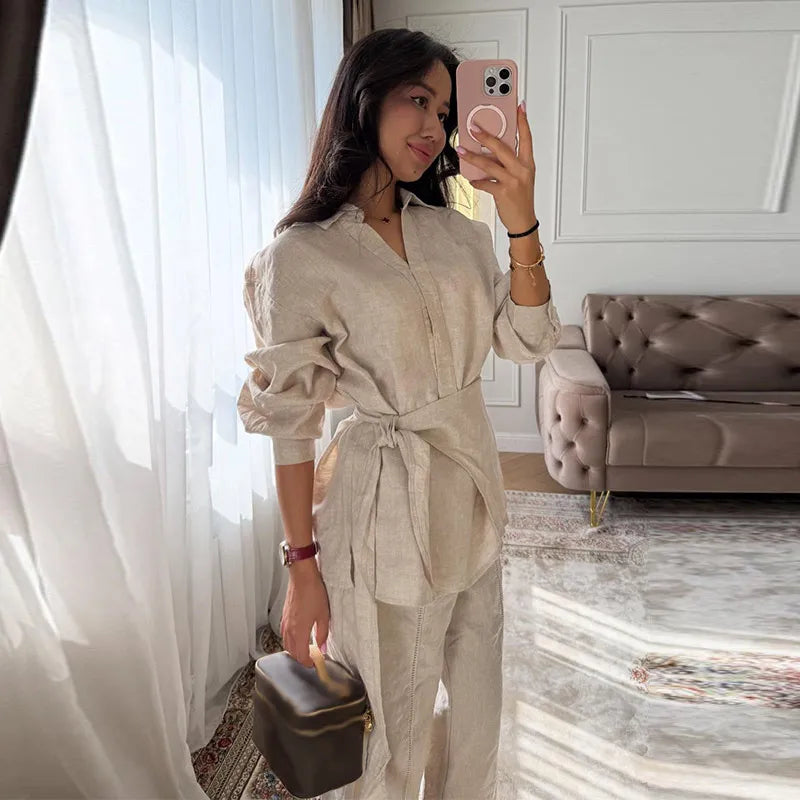 Lace-Up Linen Shirt & Pants Set