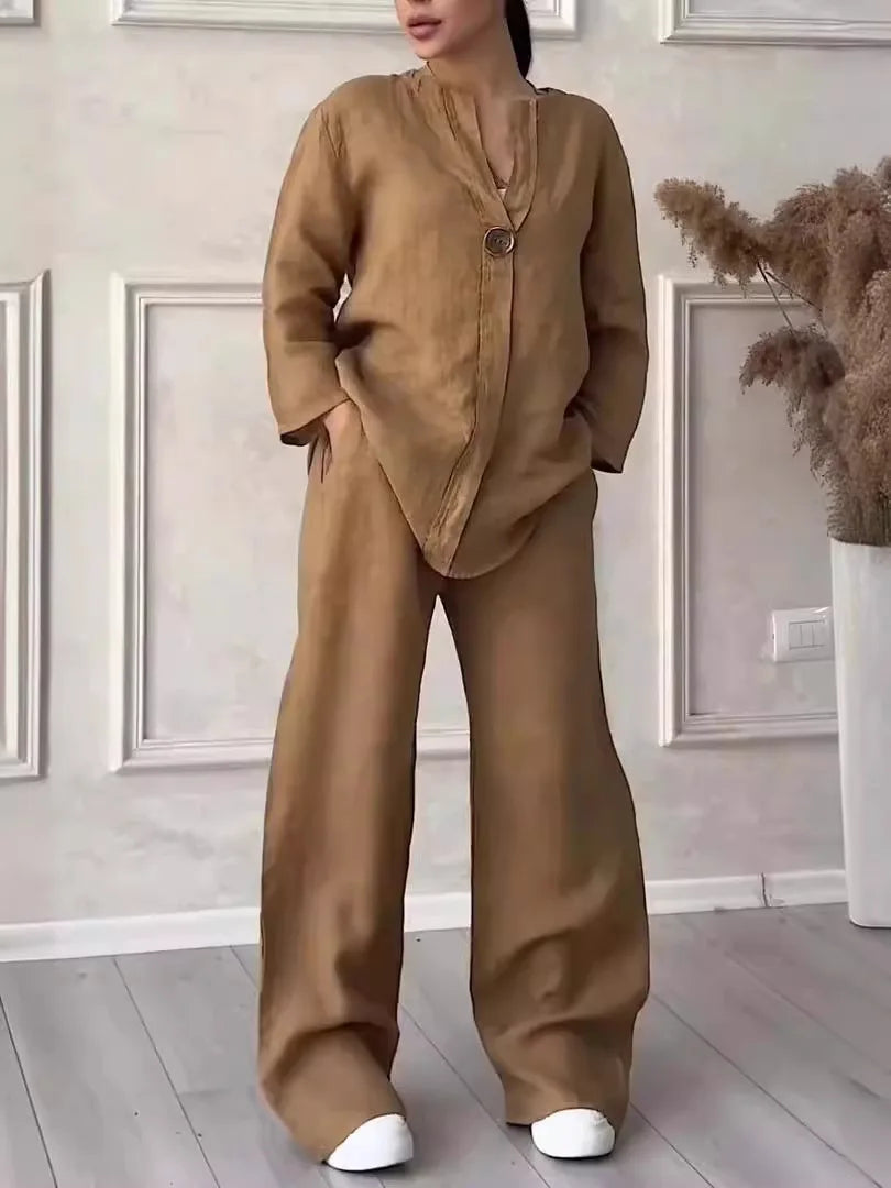 Cotton-Linen Shirt & Wide-Leg Pants Set