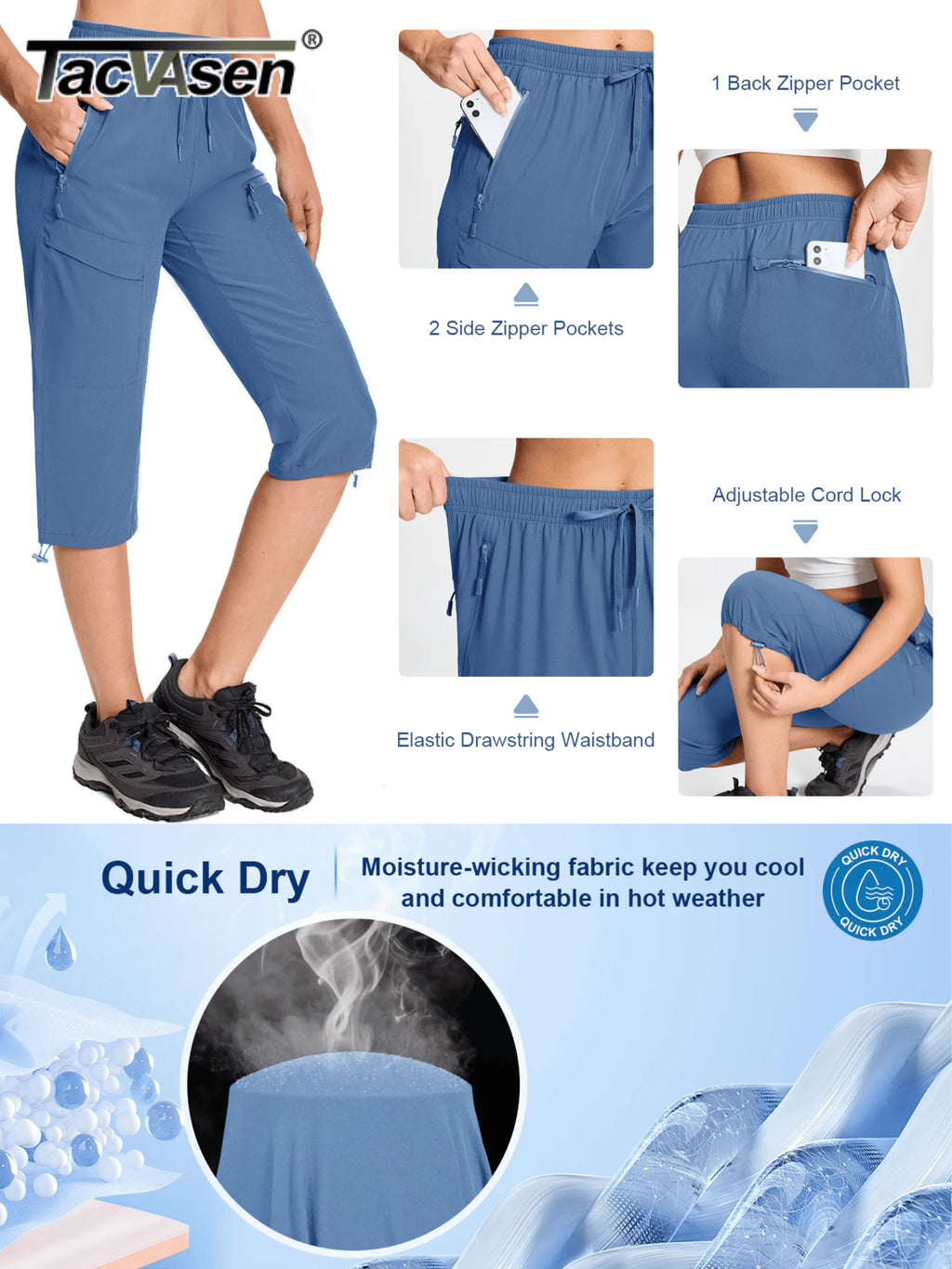 TACVASEN UPF50+ Quick Dry Capri Pants Womens Summer Hiking Cargo Pants 5 Pockets Waterproof Sun UV Protection Knee Length Shorts