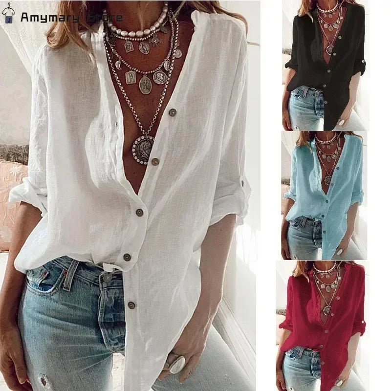 Solstice Cotton-Linen Button-Up V-Neck Blouse