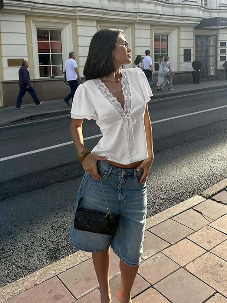 Satin Lace V-Neck Top