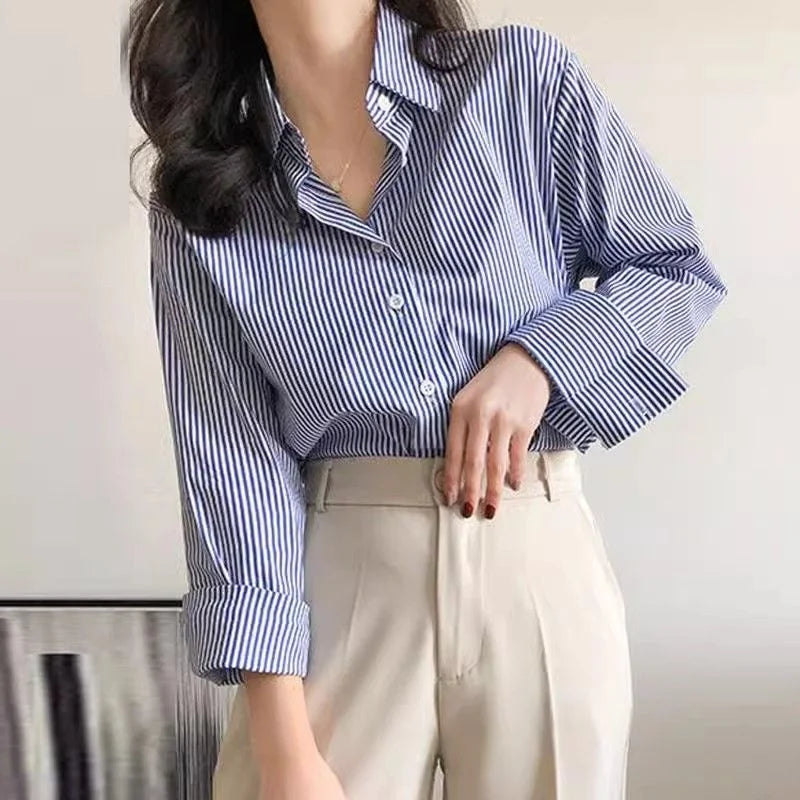Striped Lantern-Sleeve Blouse