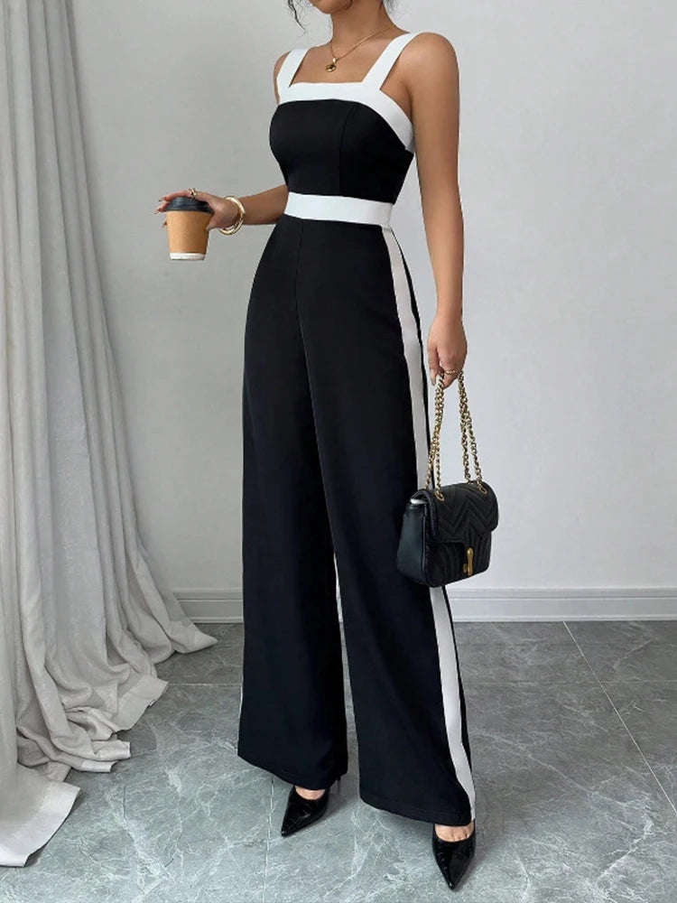 Contrast-Trim Square-Neck Jumpsuit