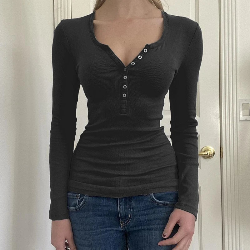 Button-Up Long-Sleeve Slim-Fit Crop T-Shirt