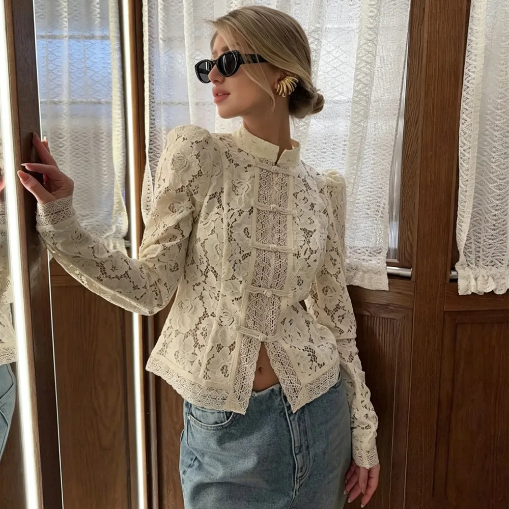 Embroidered Lace Puff-Sleeve Blouse
