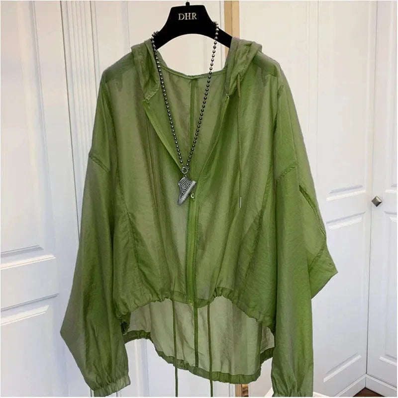 Women's Hooded Summer Sun Protection Zipper Jacket Thin Loose Jacket Breathable Lightweight Clothes Sunscreen Clothing Green