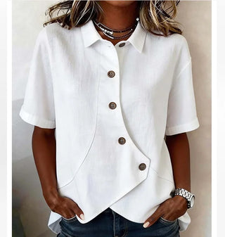 Button-Up Short-Sleeve Asymmetric Blouse