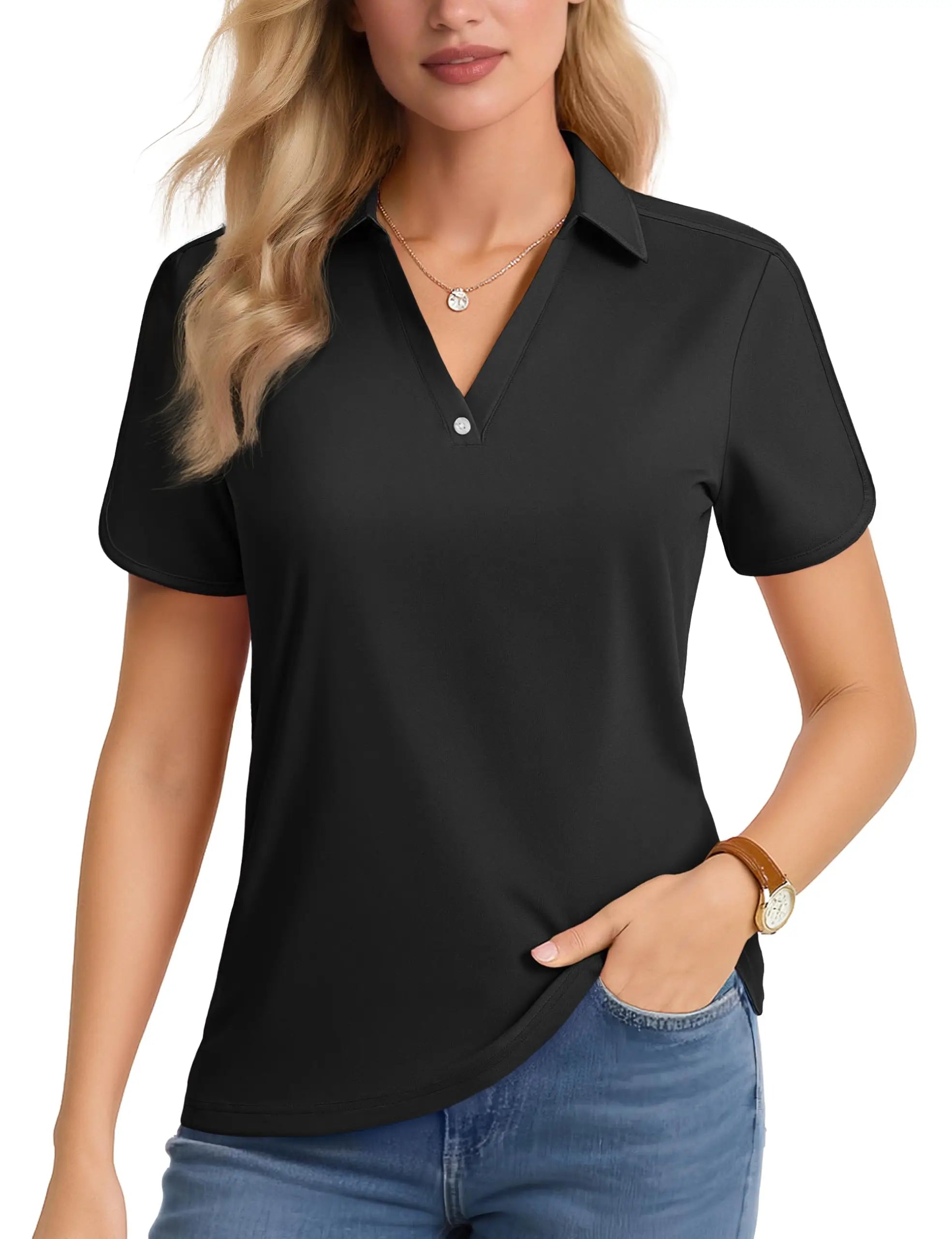 TACVASEN Women's 1-Button Golf Polo Shirts V Neck Short Sleeve Tennis Tops Moisture Wicking Quick Dry Athletic Collared Shirt