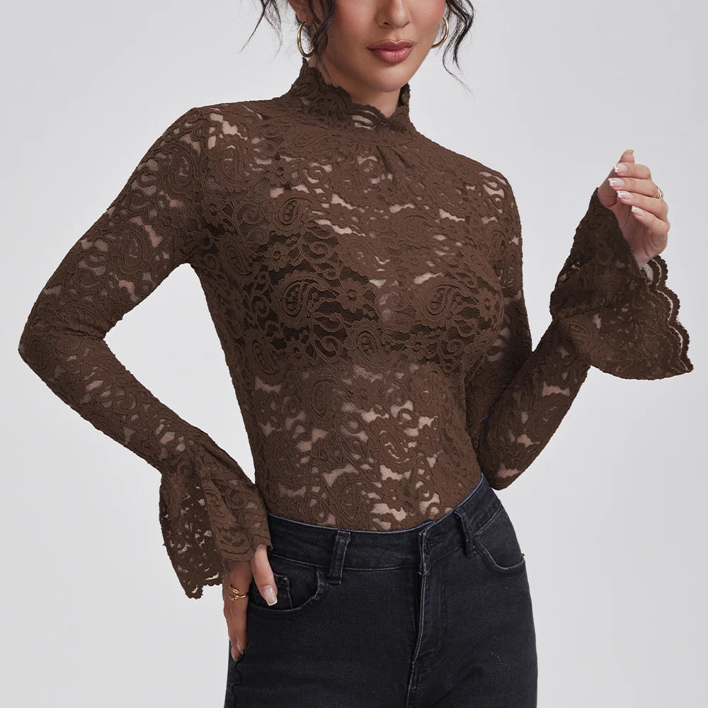 Sienna Lace High-Neck Long-Sleeve Blouse