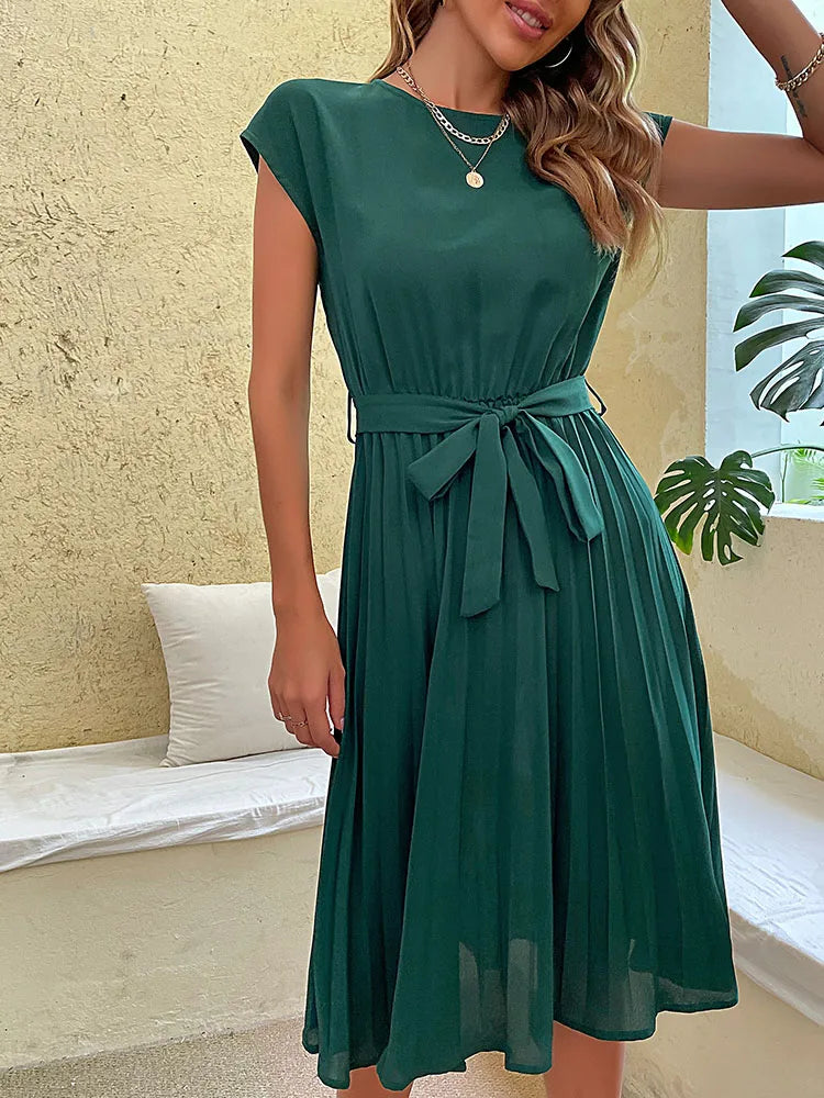 Pleated Short-Sleeve Midi Dress