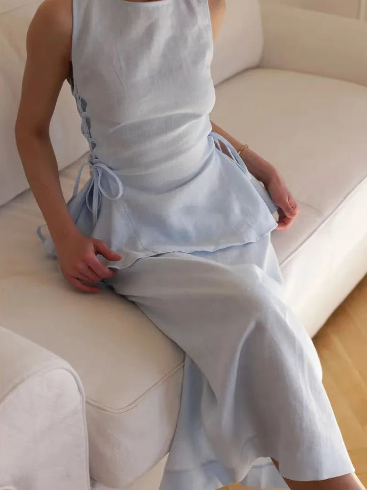 Lace-Up Linen Vest & Skirt Set