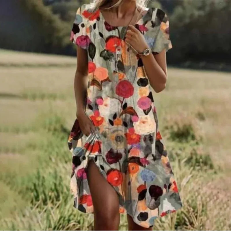 Printed Round-Neck Midi Dress