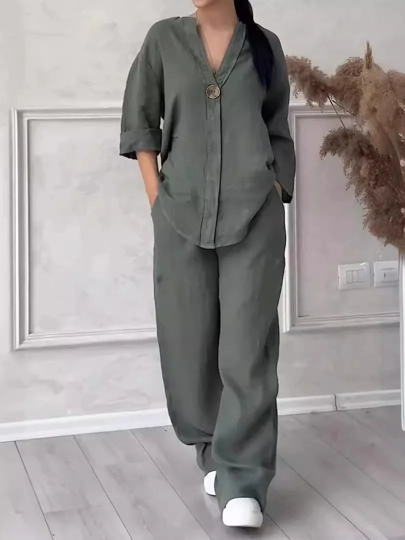 Cotton-Linen Shirt & Wide-Leg Pants Set