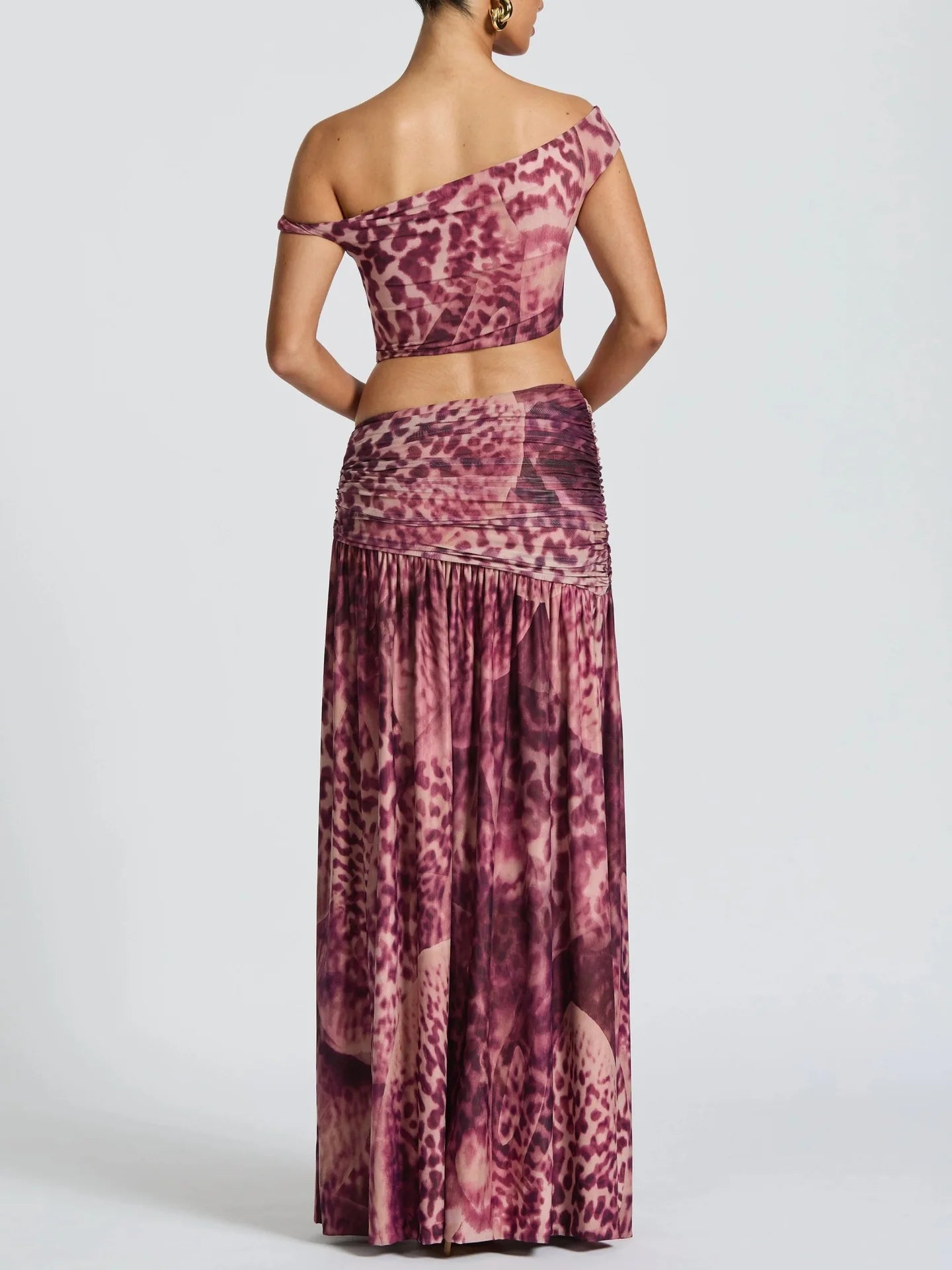 Printed Halter Top & Ruched Midi Skirt Set