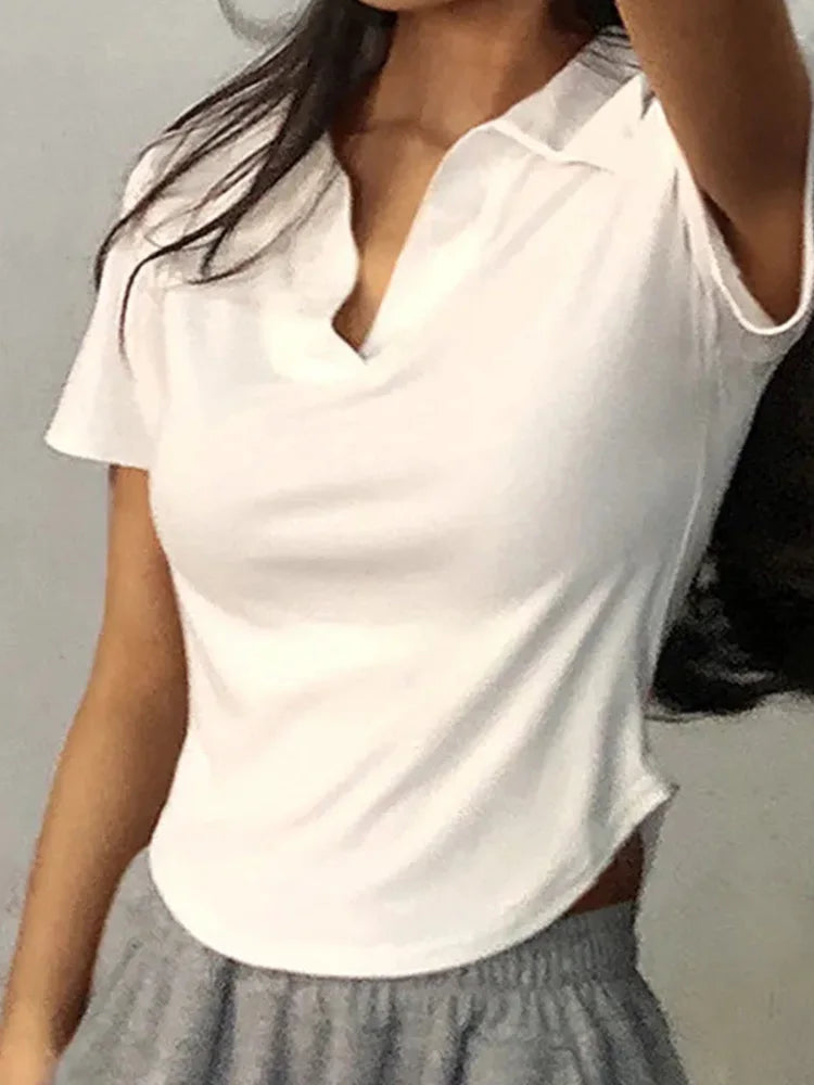 V-Neck Short-Sleeve Slim-Fit Crop T-Shirt