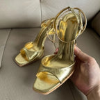 Patent-Look Ankle-Strap Heeled Sandals
