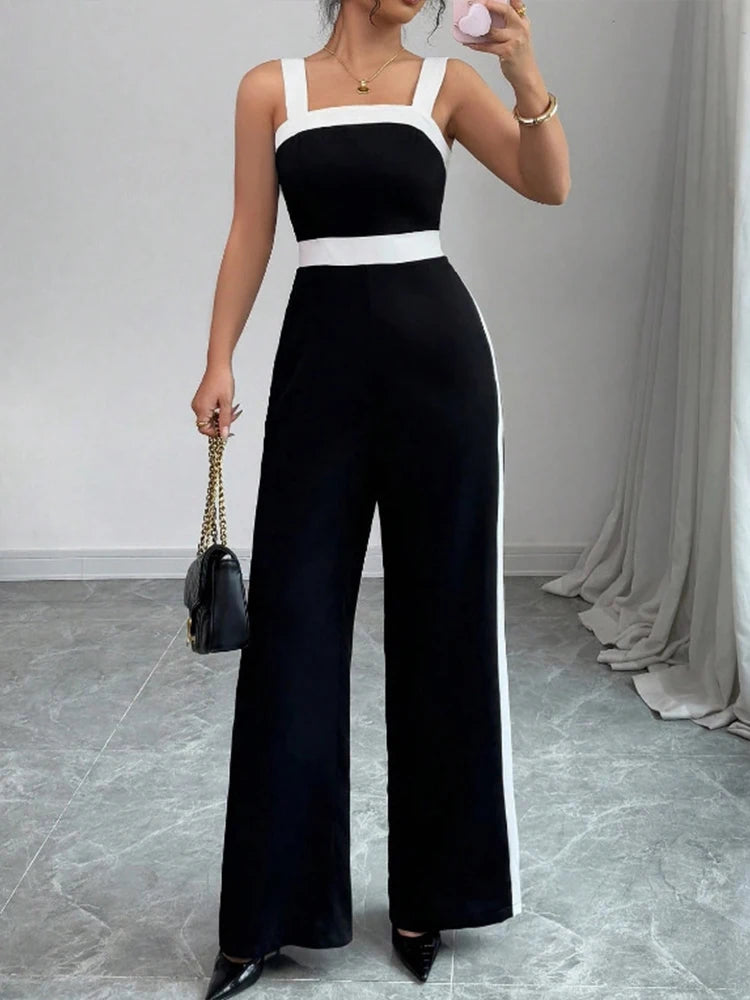 Contrast-Trim Square-Neck Jumpsuit