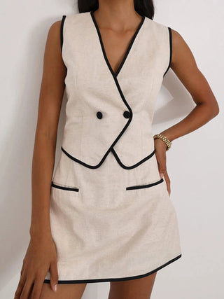 Linen V-Neck Vest & Mini Skirt Set