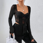 Embroidered Lace Mesh Cropped Blouse