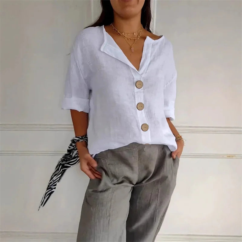 Cotton-Linen Button-Up V-Neck Blouse