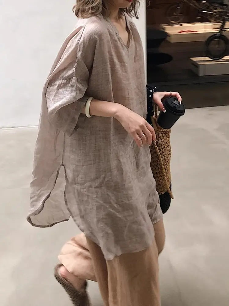Cotton-Linen Long-Sleeve Relaxed Blouse