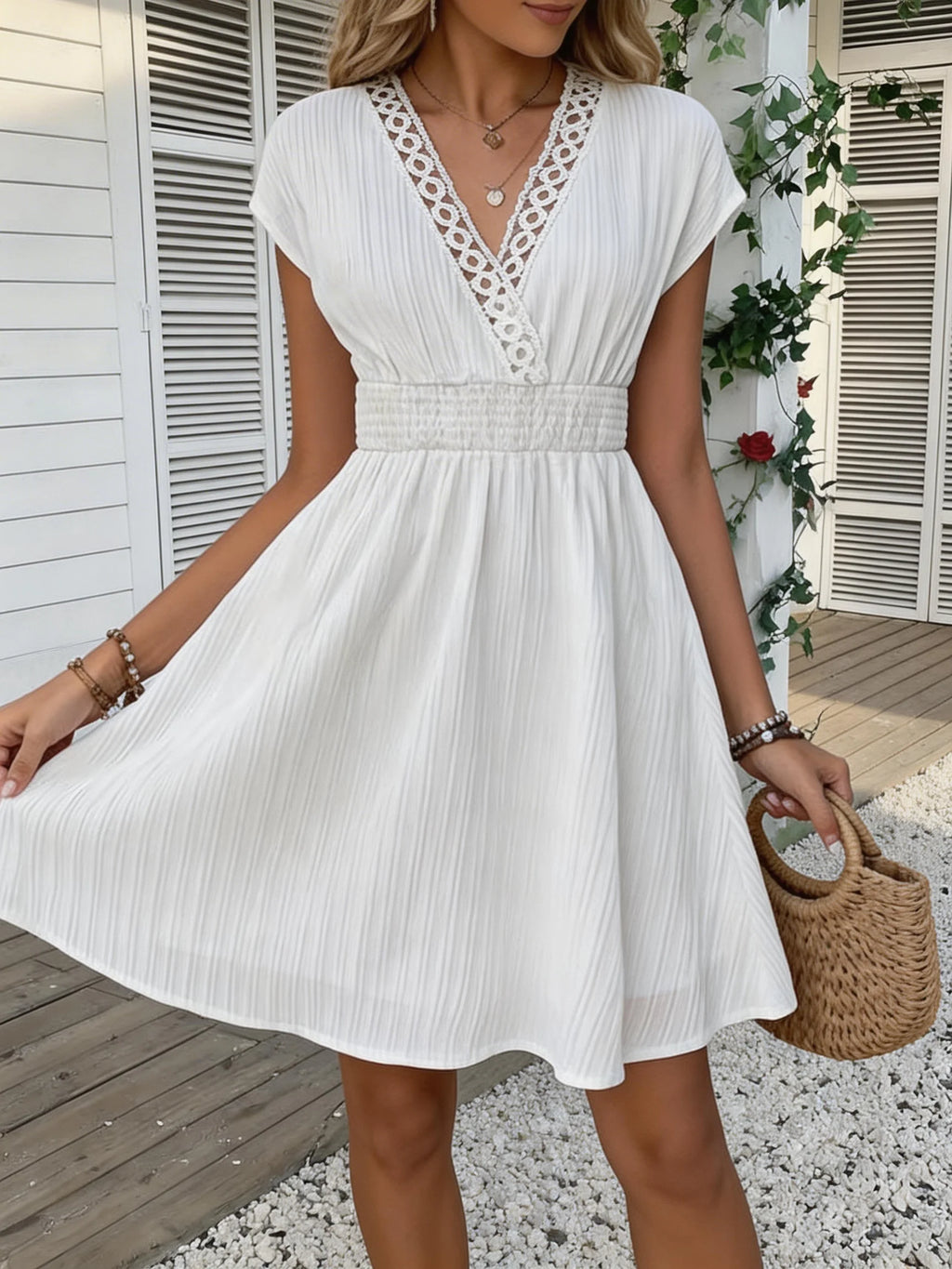 Lace V-Neck Puff-Sleeve Mini Dress