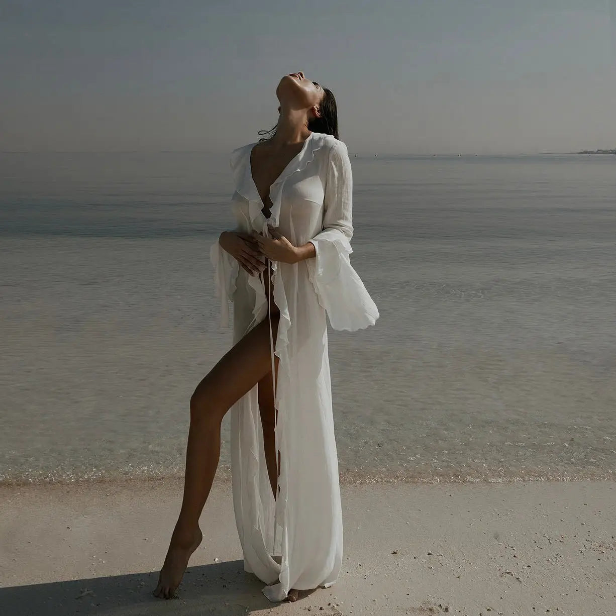 Ruffle-Sleeve Chiffon Beach Tunic