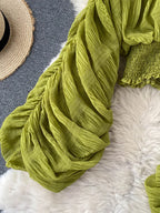 Chiffon Draped V-Neck Cropped Blouse