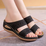 Embroidered Floral Wedge Slides