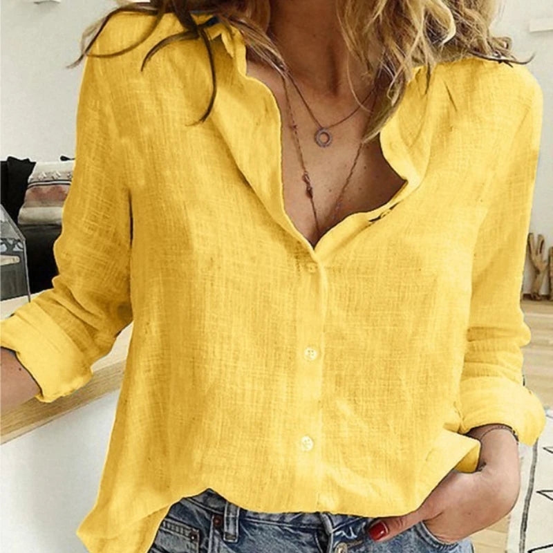 Cotton-Linen V-Neck Long-Sleeve Blouse