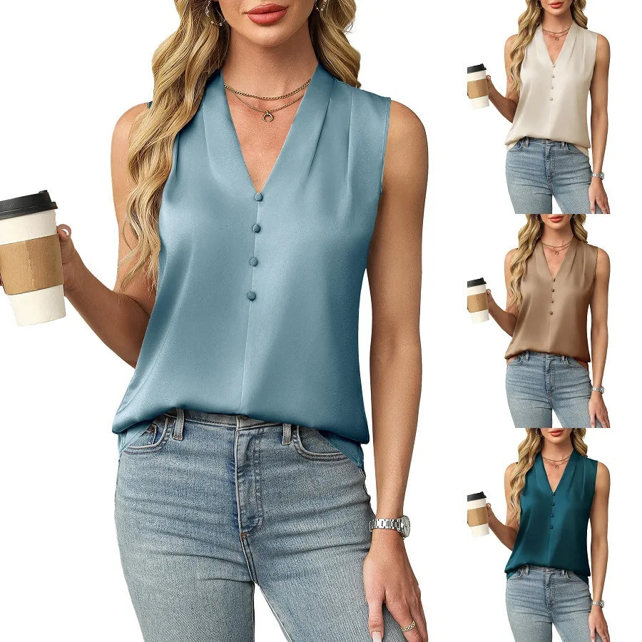 Satin-Look Button-Up V-Neck Tank Top