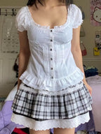 Lace Corset-Seam Button-Up T-Shirt
