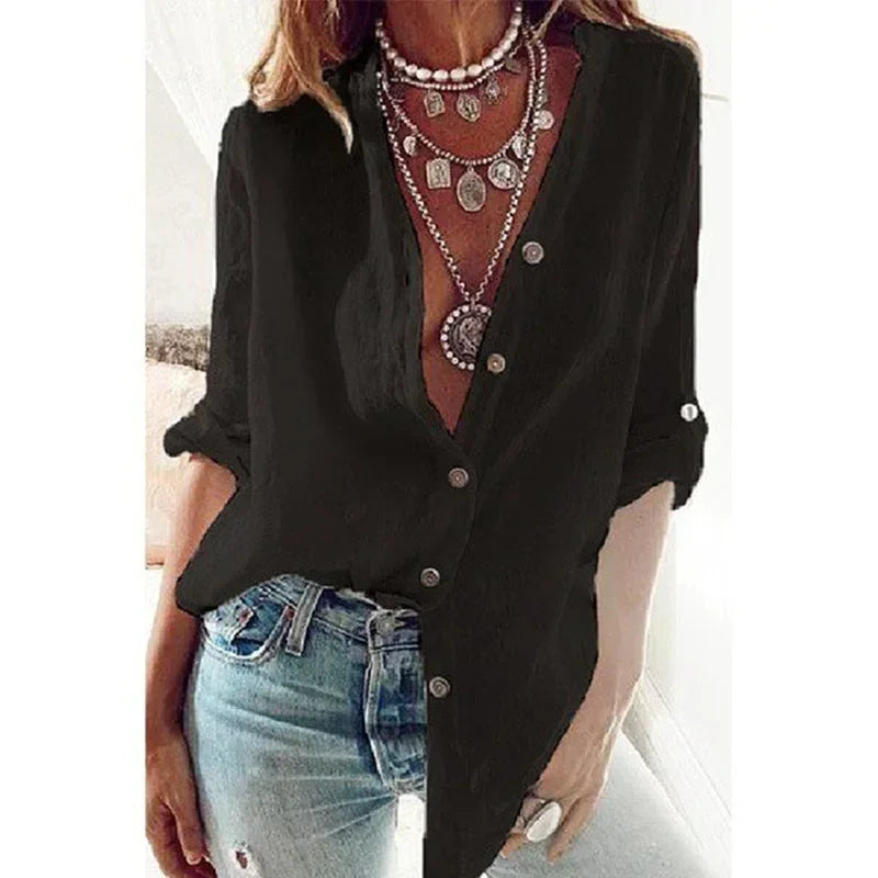 Solstice Cotton-Linen Button-Up V-Neck Blouse