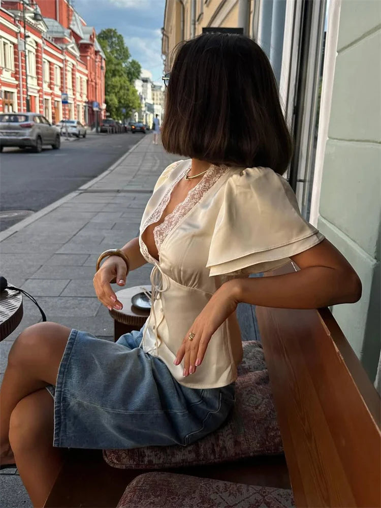 Printed Lace V-Neck Crop T-Shirt