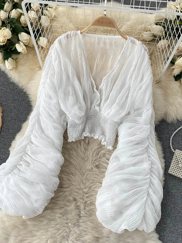 Chiffon Draped V-Neck Cropped Blouse