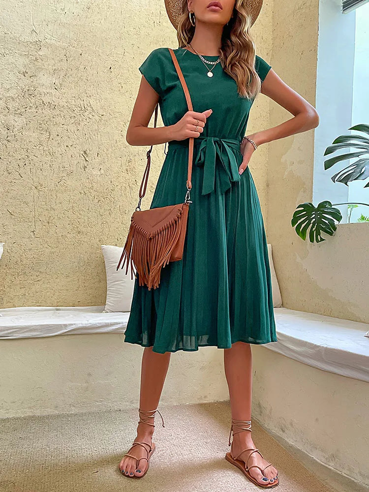 Pleated Short-Sleeve Midi Dress