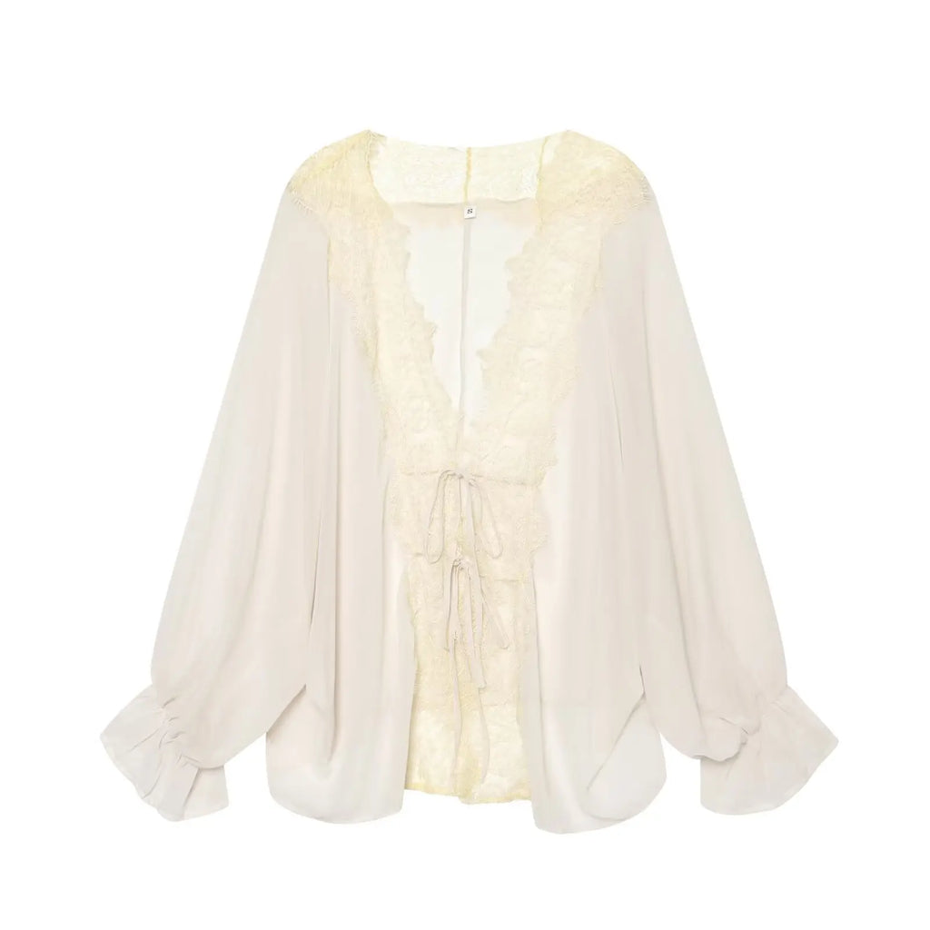 Sheer Lace Tie-Front Blouse