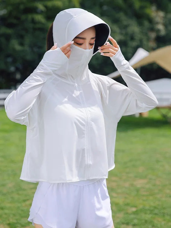Summer Women's Sun Protective Clothing Breathable Traveling Brim Ponytail Hole Sun Hoodie Detachable Shopping Long-Sleeved Shirt