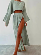 Linen Crop Top & Split Skirt Set