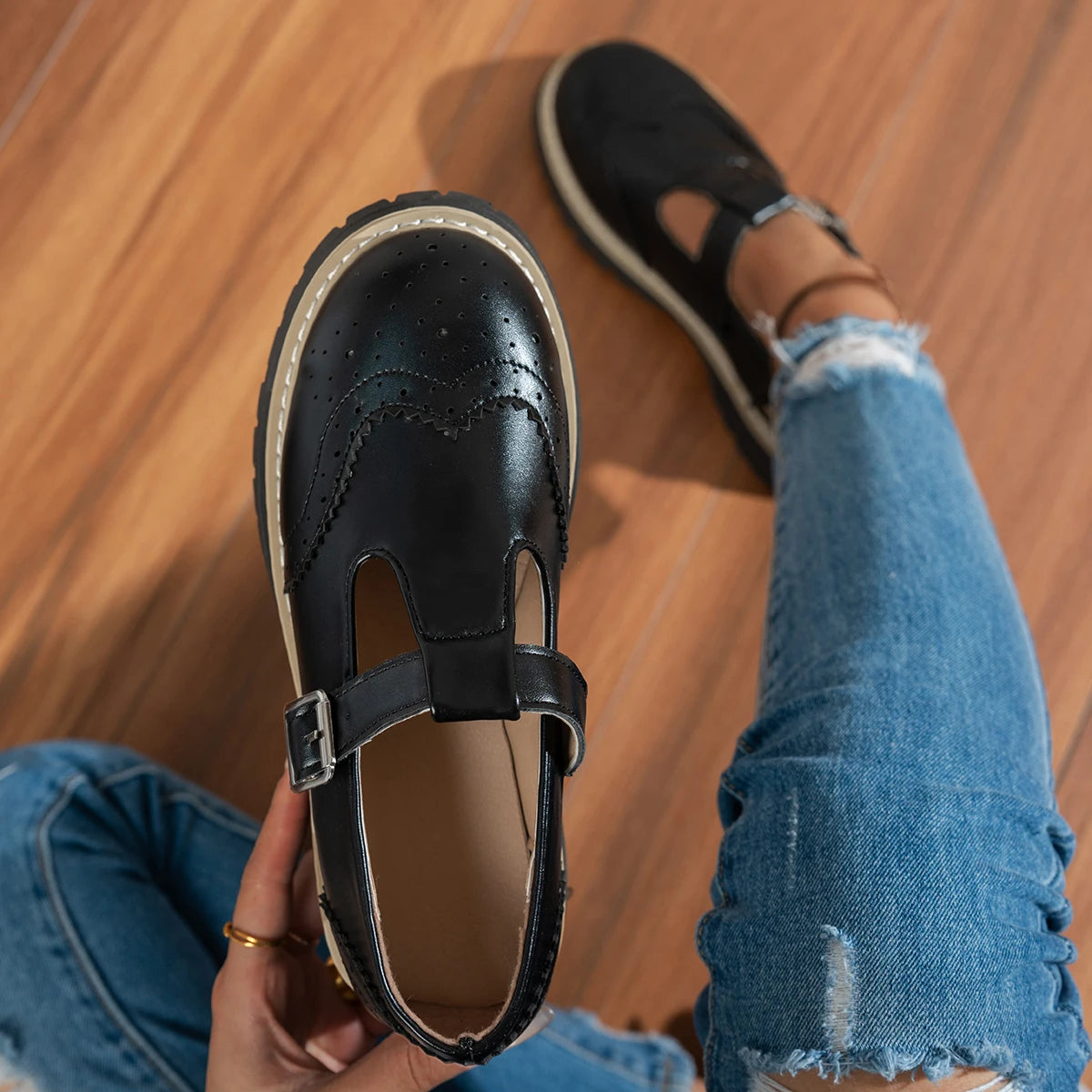 Aurelia Sun T-Bar Brogue Platform Flats – Brown