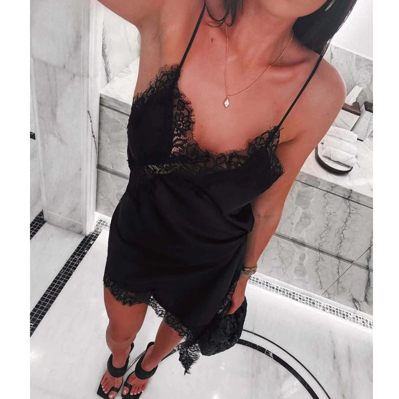 Asymmetric Lace Mini Slip Dress