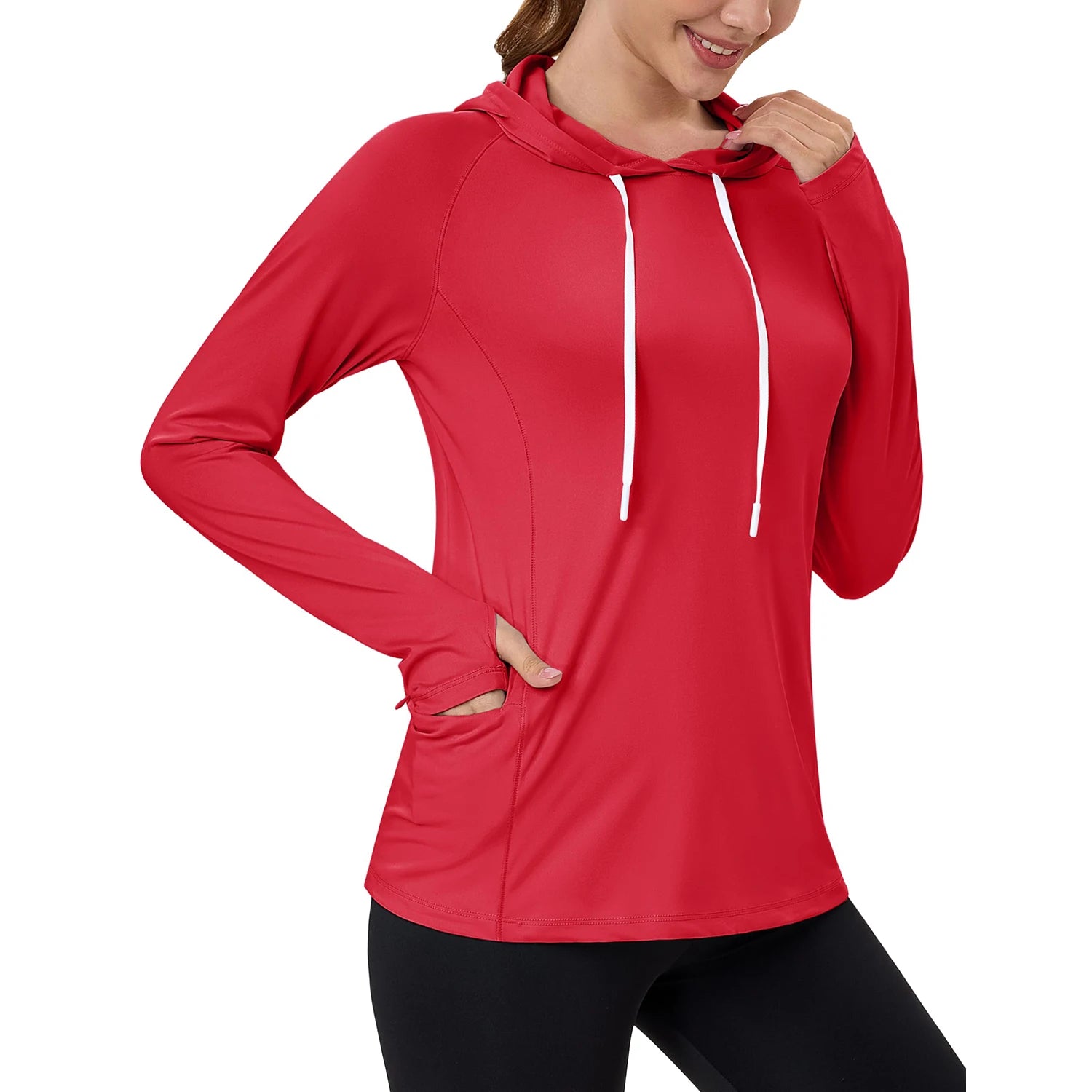 TACVASEN Women's UPF80+ Windproof Quick-Dry Hooded Long Sleeve Shirt with Raglan Thumbhole & Hidden Pocket Hair Port