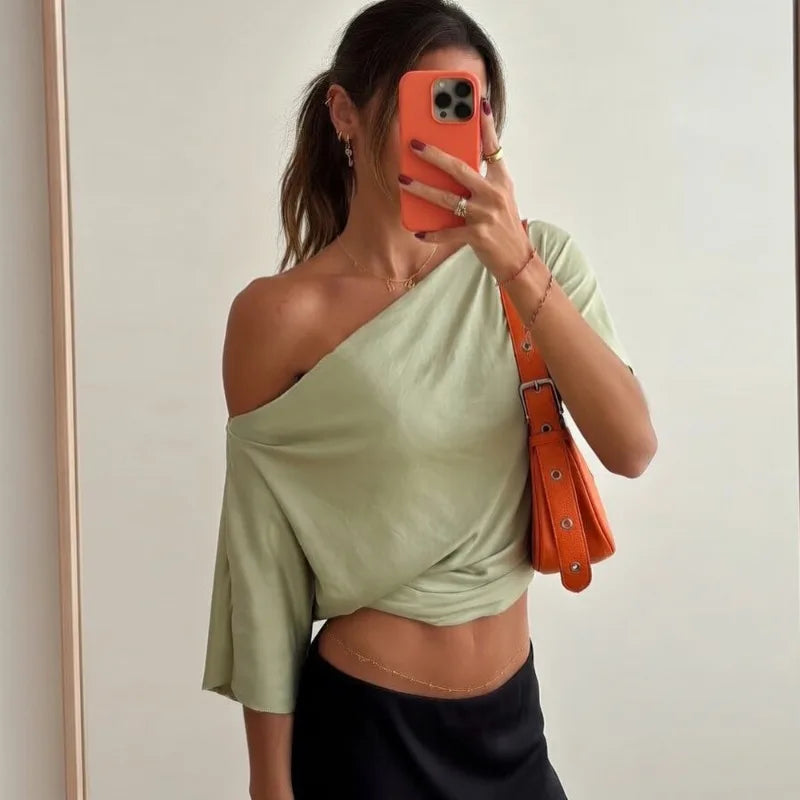 One-Shoulder Ruched Crop Tee