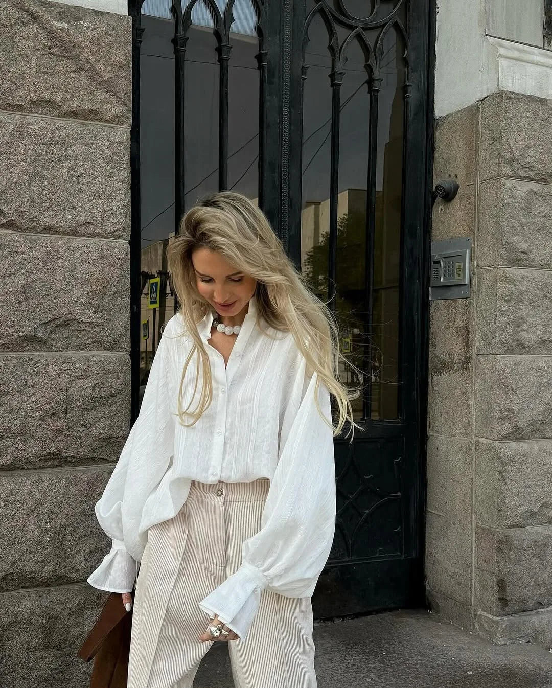 Cotton Button-Up Long-Sleeve Blouse