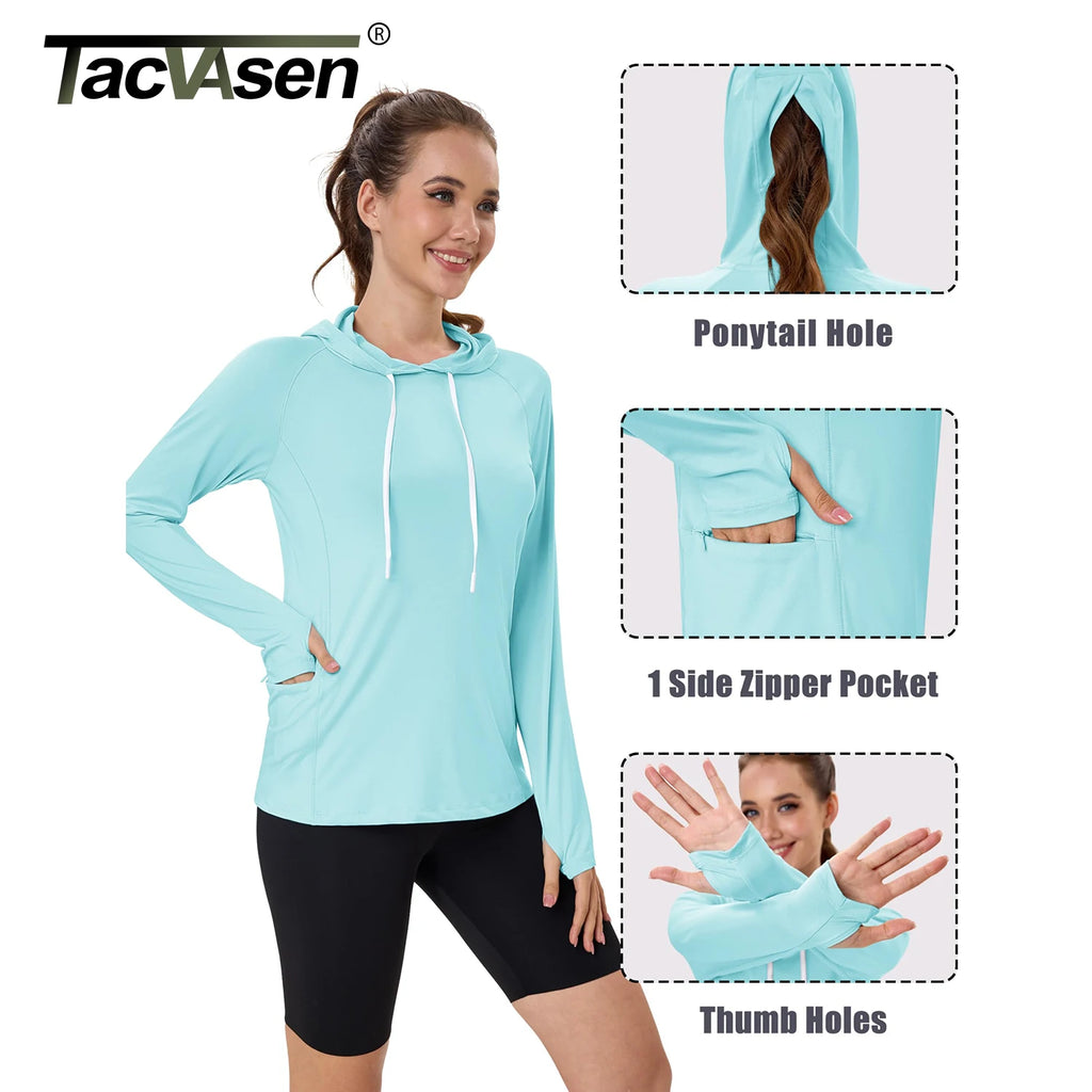 TACVASEN Women's UPF80+ Windproof Quick-Dry Hooded Long Sleeve Shirt with Raglan Thumbhole & Hidden Pocket Hair Port