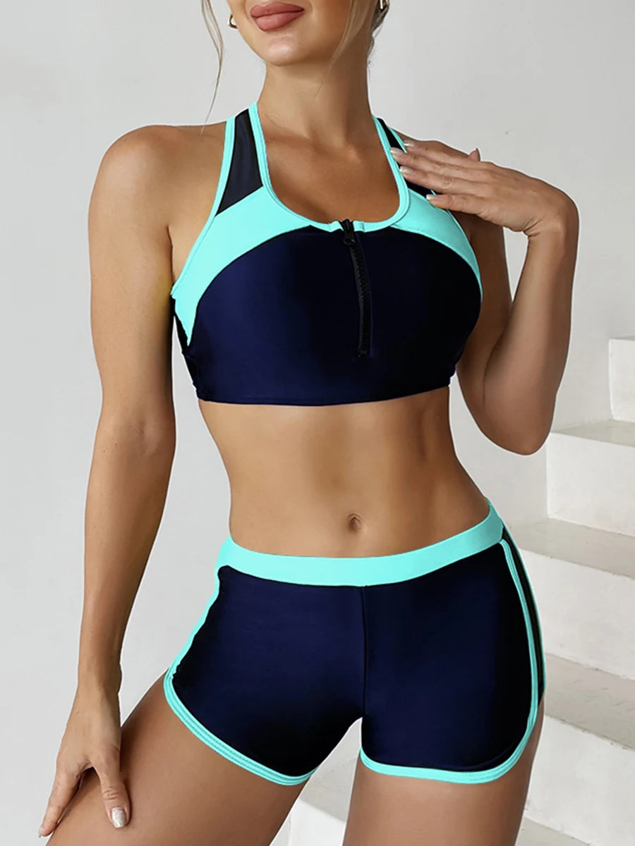 Zip-Front Sport Bikini with Shorts